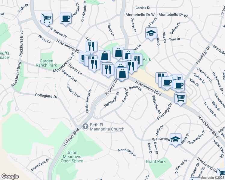 map of restaurants, bars, coffee shops, grocery stores, and more near 4976 Ranch Drive in Colorado Springs