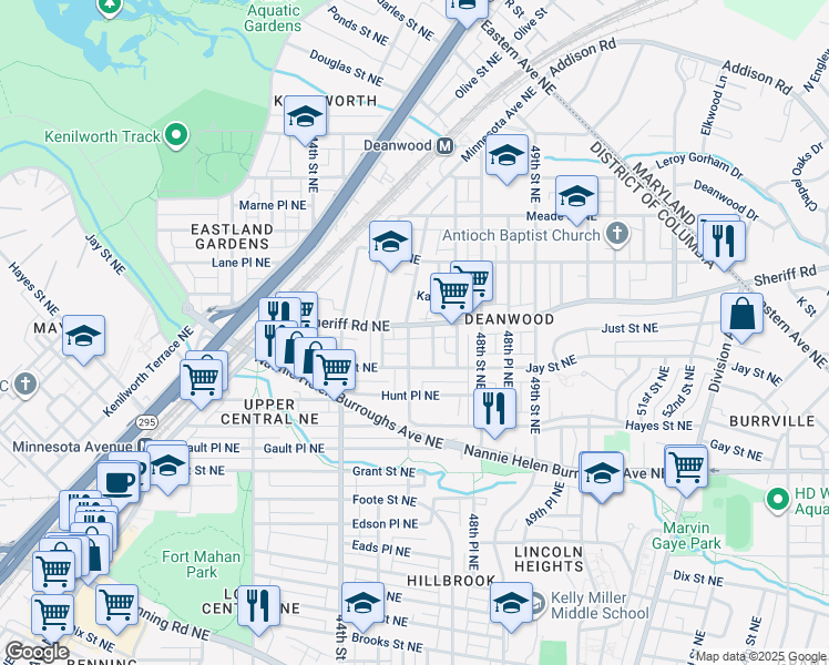 map of restaurants, bars, coffee shops, grocery stores, and more near 4601 Sheriff Road Northeast in Washington