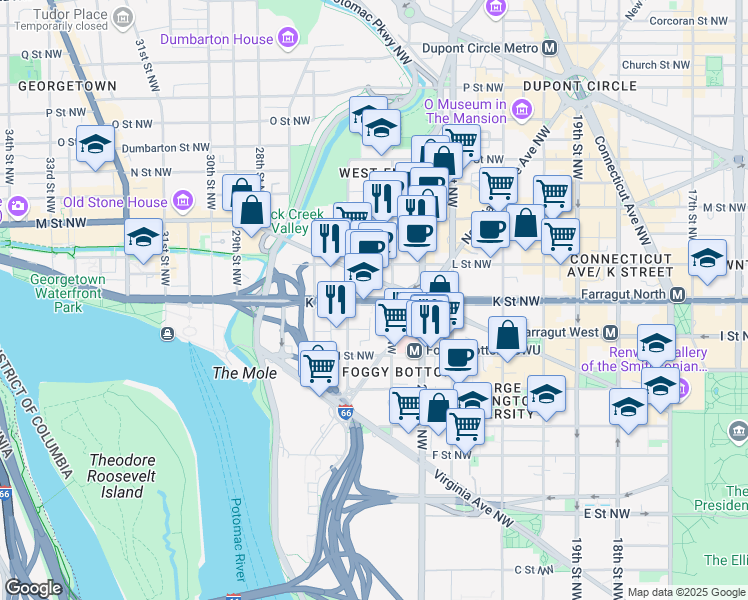 map of restaurants, bars, coffee shops, grocery stores, and more near 11 K Street Northwest in Washington, D.C.