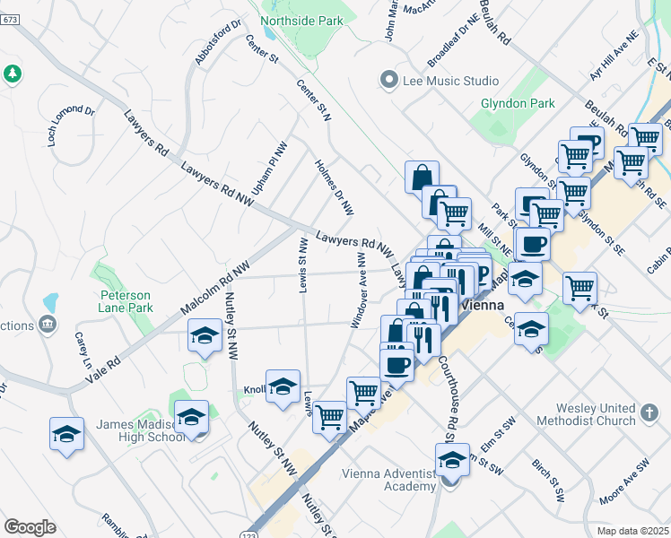 map of restaurants, bars, coffee shops, grocery stores, and more near 325 West Street Northwest in Vienna