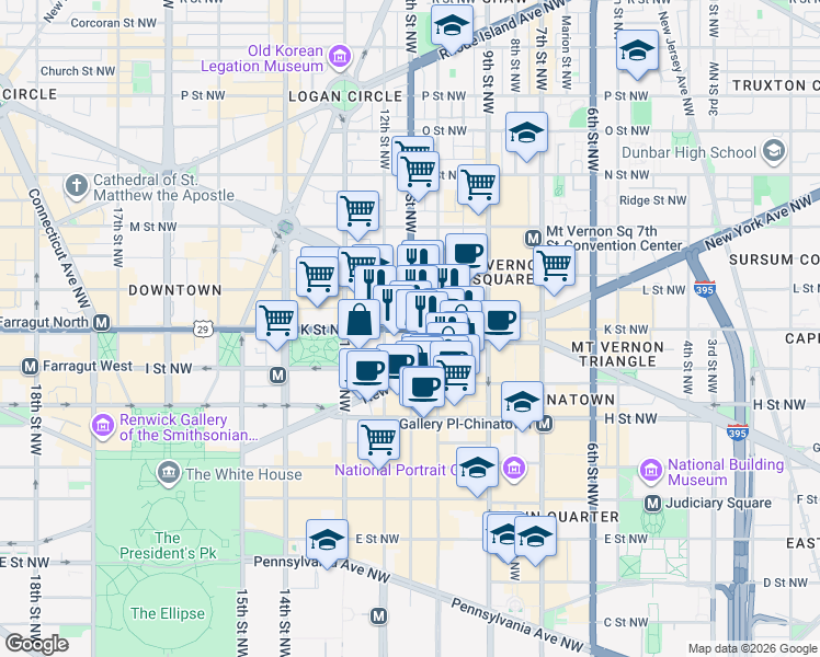 map of restaurants, bars, coffee shops, grocery stores, and more near 1050 K Street Northwest in Washington