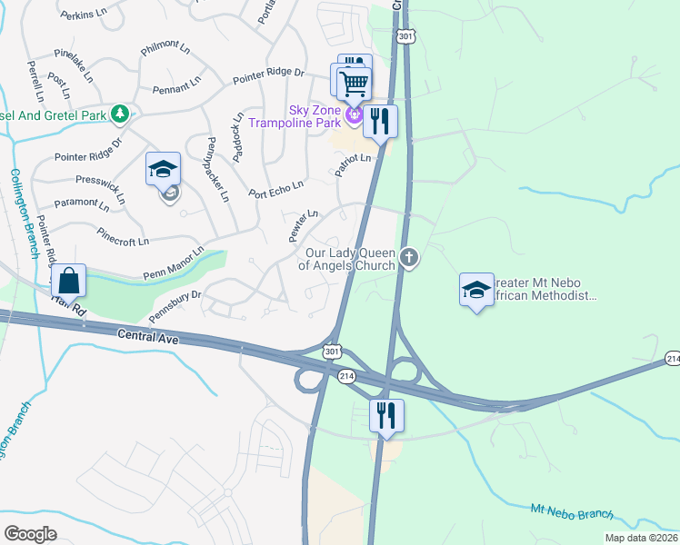 map of restaurants, bars, coffee shops, grocery stores, and more near 808 Crain Highway in Bowie
