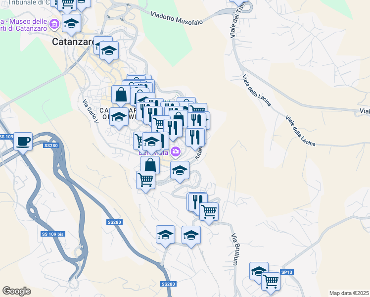 map of restaurants, bars, coffee shops, grocery stores, and more near 24 Via Francesco de Seta in Catanzaro