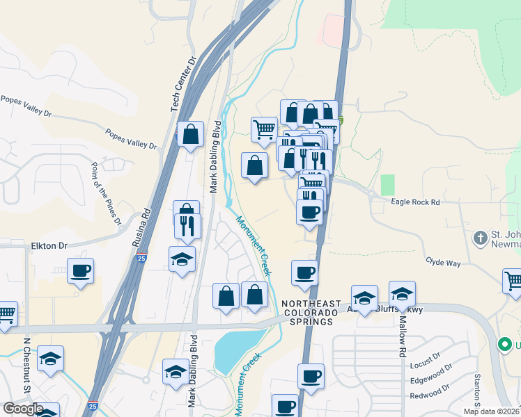 map of restaurants, bars, coffee shops, grocery stores, and more near 4910 North Nevada Avenue in Colorado Springs
