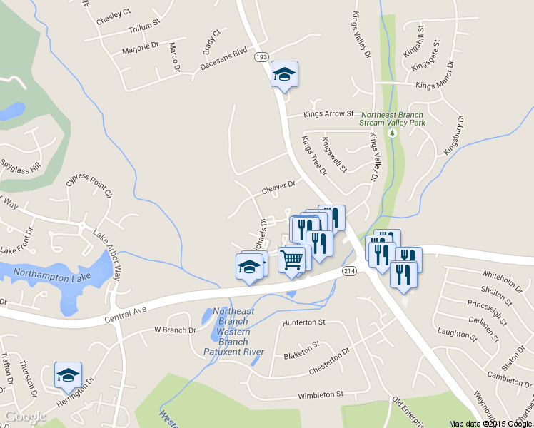 map of restaurants, bars, coffee shops, grocery stores, and more near 1023 Saint Michaels Drive in Bowie