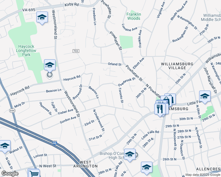 map of restaurants, bars, coffee shops, grocery stores, and more near 2200 North Trinidad Street in Falls Church