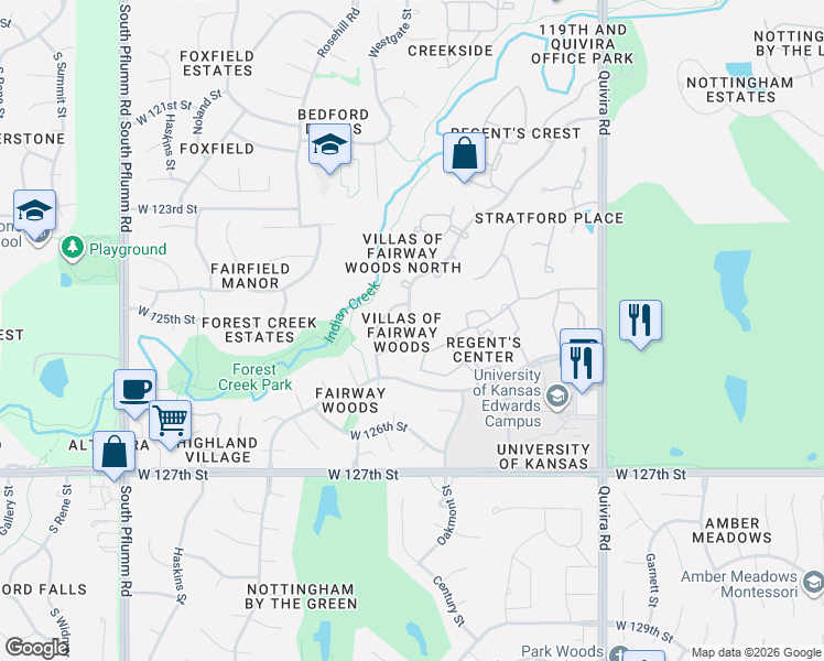 map of restaurants, bars, coffee shops, grocery stores, and more near 12429 Long Street in Overland Park
