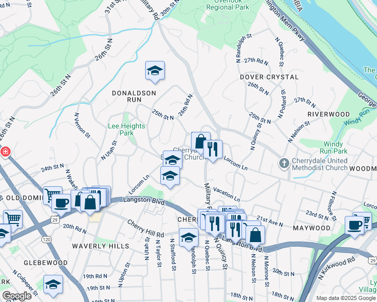 map of restaurants, bars, coffee shops, grocery stores, and more near 4074 Lorcom Lane in Arlington