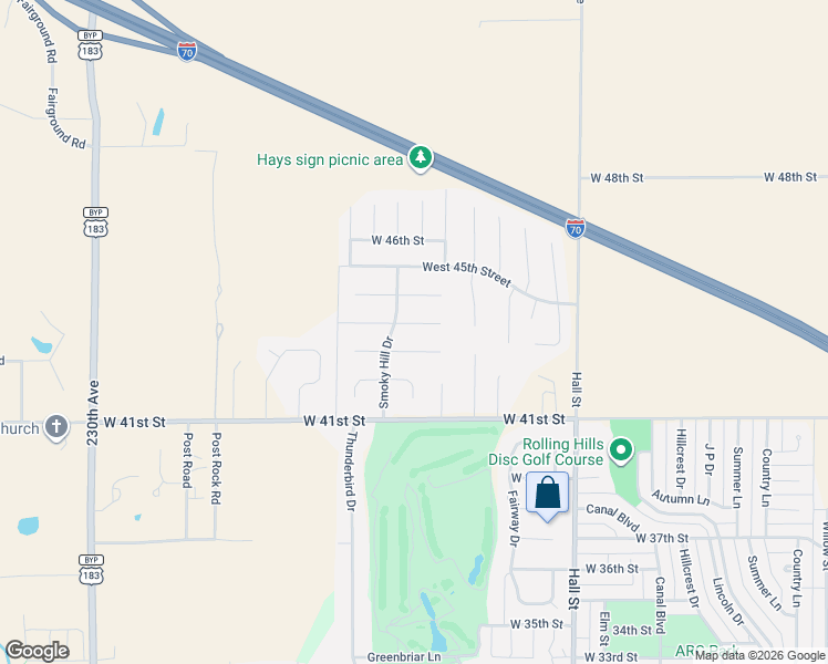 map of restaurants, bars, coffee shops, grocery stores, and more near 1308 West 43rd Street in Hays