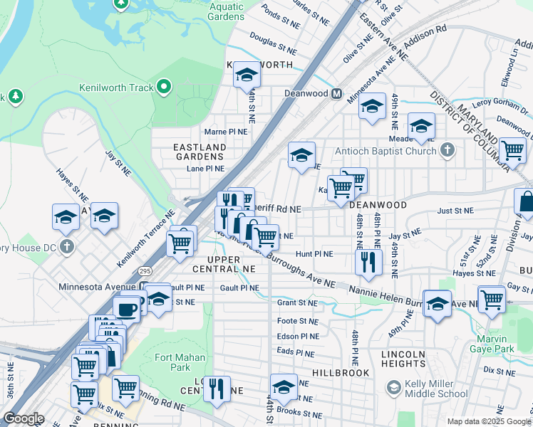 map of restaurants, bars, coffee shops, grocery stores, and more near 4323 Sheriff Road Northeast in Washington