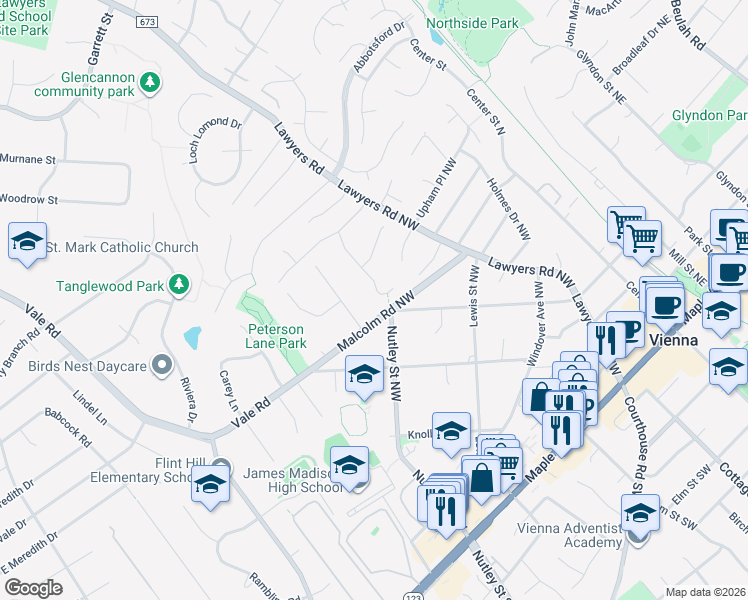 map of restaurants, bars, coffee shops, grocery stores, and more near 506 Woodland Court Northwest in Vienna