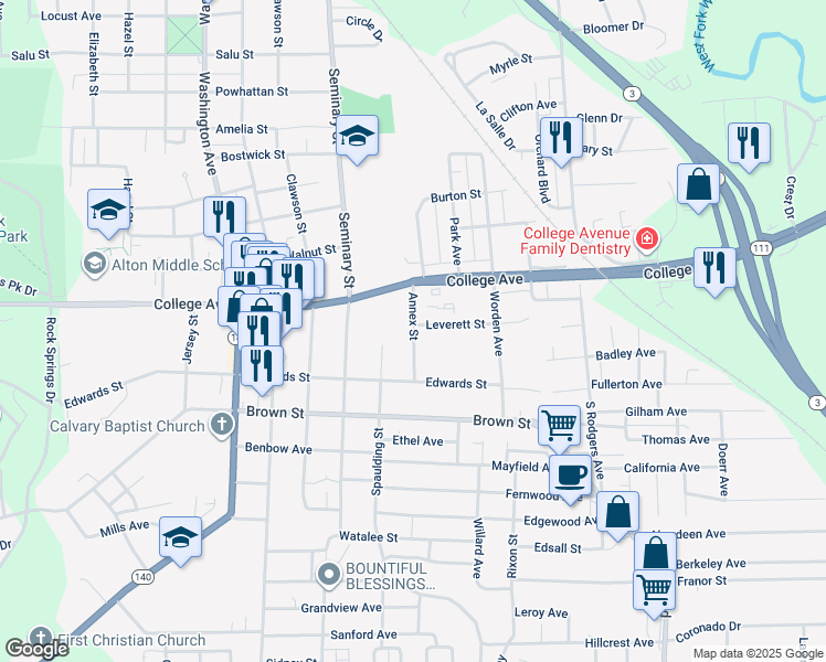 map of restaurants, bars, coffee shops, grocery stores, and more near 263 Annex Street in Alton