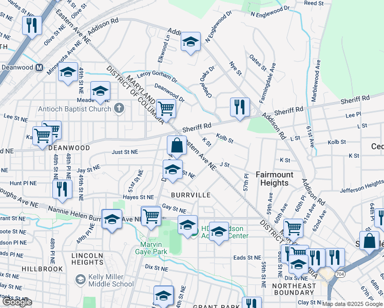 map of restaurants, bars, coffee shops, grocery stores, and more near 909 Porter Court Northeast in Washington