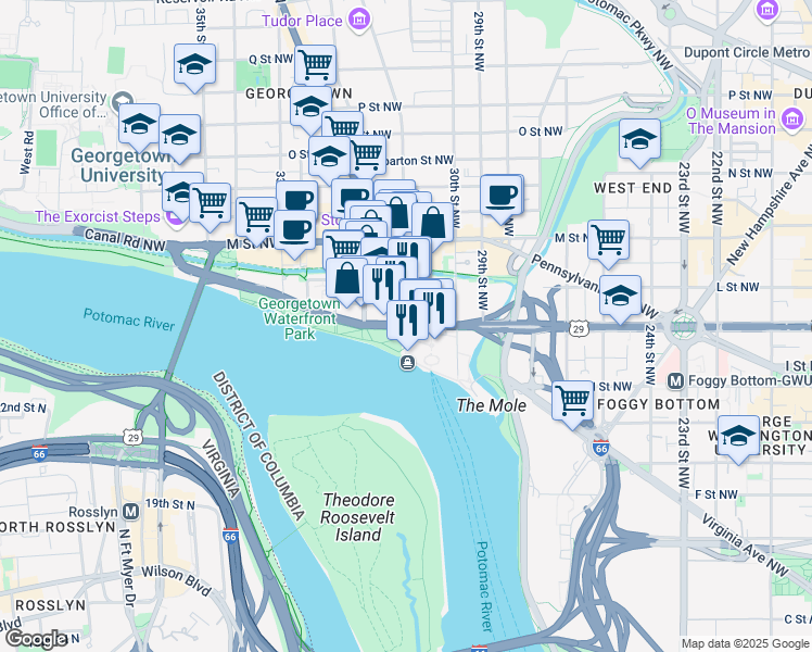 map of restaurants, bars, coffee shops, grocery stores, and more near K Street Northwest & 31st Street Northwest in Washington
