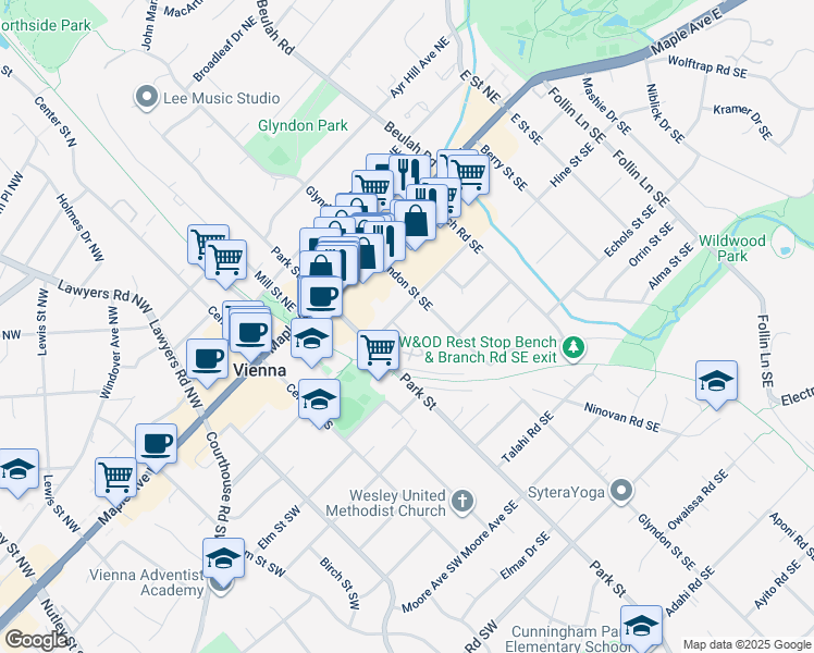 map of restaurants, bars, coffee shops, grocery stores, and more near 200 Park Terrace Court Southeast in Vienna