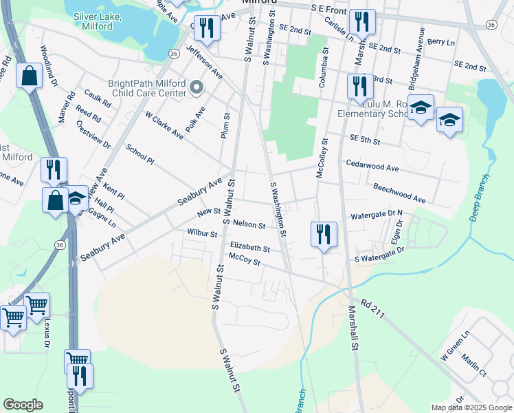 map of restaurants, bars, coffee shops, grocery stores, and more near 12 Delaware Avenue in Milford
