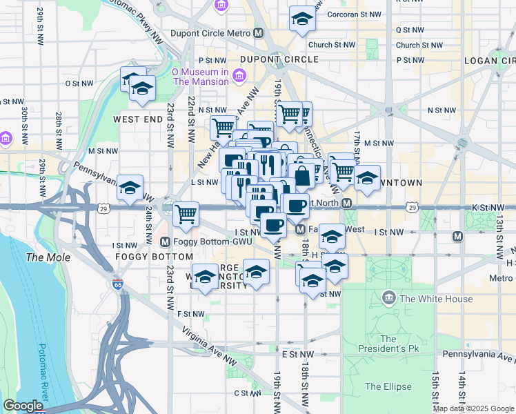 map of restaurants, bars, coffee shops, grocery stores, and more near in Washington