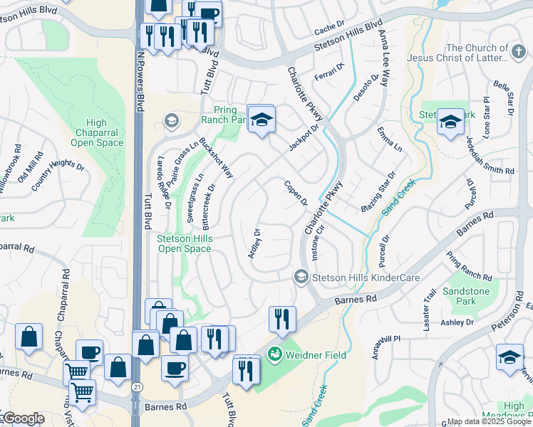map of restaurants, bars, coffee shops, grocery stores, and more near 4989 Ardley Drive in Colorado Springs