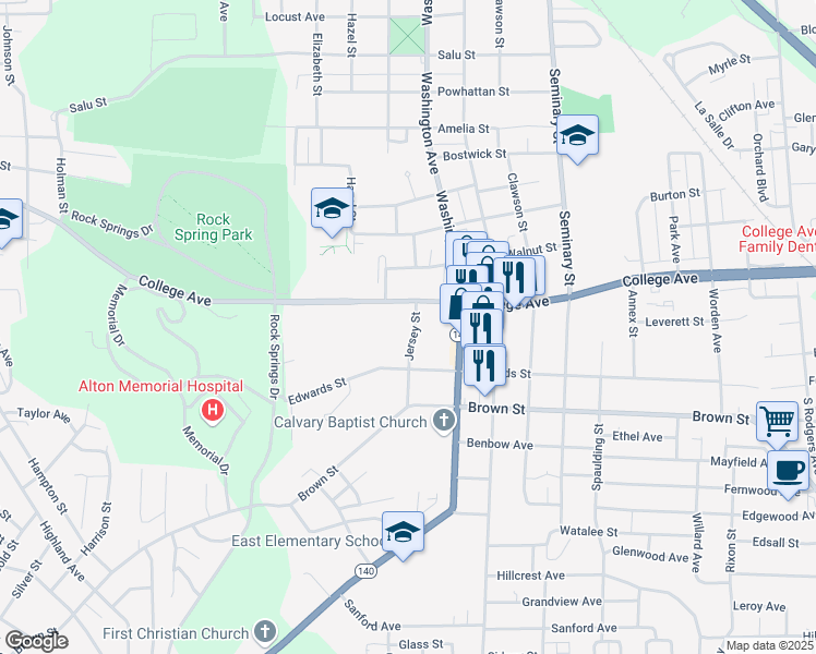 map of restaurants, bars, coffee shops, grocery stores, and more near 1624 Jersey Street in Alton