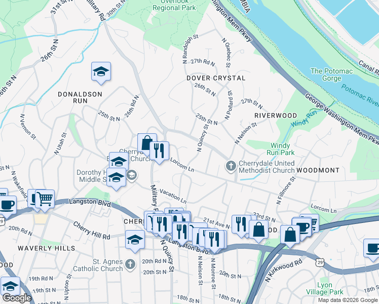 map of restaurants, bars, coffee shops, grocery stores, and more near 4000 24th Road North in Arlington