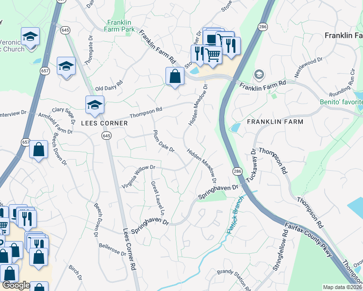 map of restaurants, bars, coffee shops, grocery stores, and more near 3414 Hidden Meadow Drive in Fairfax