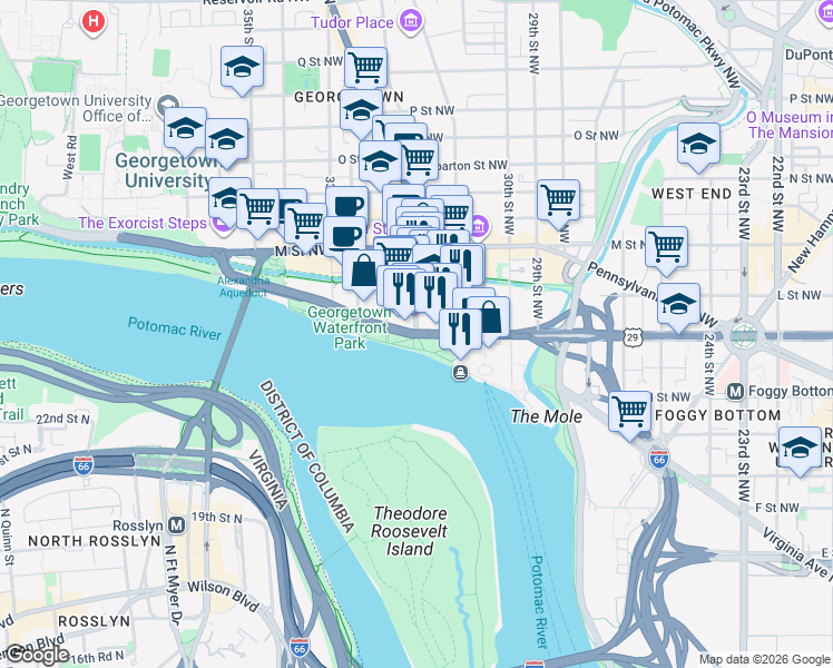 map of restaurants, bars, coffee shops, grocery stores, and more near Wisconsin Avenue Northwest & K Street Northwest in Washington