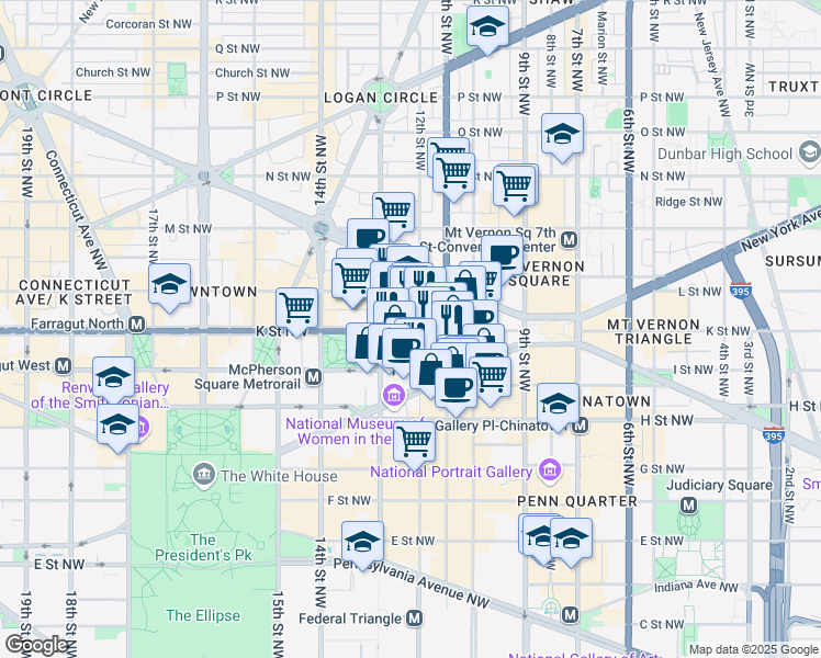 map of restaurants, bars, coffee shops, grocery stores, and more near 1201 K Street Northwest in Washington