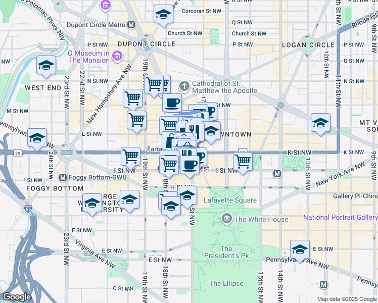 map of restaurants, bars, coffee shops, grocery stores, and more near 1000 Connecticut Avenue Northwest in Washington