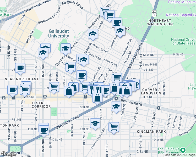 map of restaurants, bars, coffee shops, grocery stores, and more near 1210 Orren Street Northeast in Washington