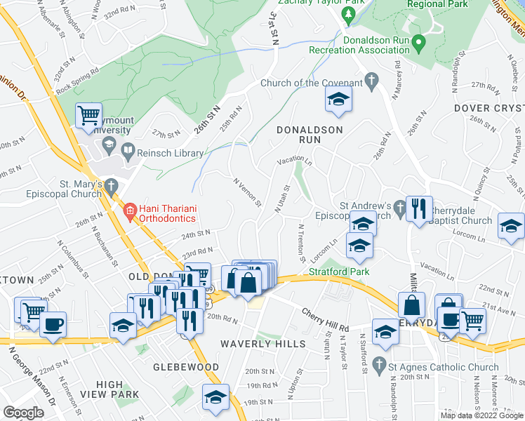 map of restaurants, bars, coffee shops, grocery stores, and more near 2336 North Vermont Street in Arlington
