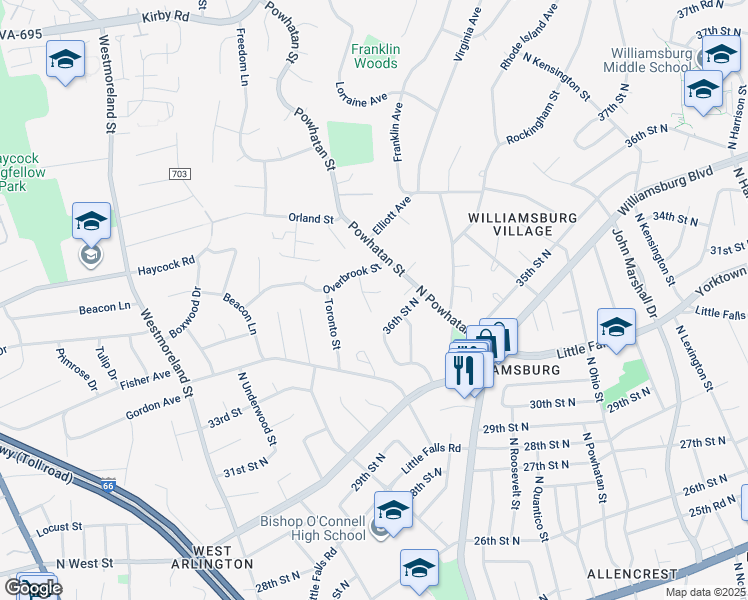 map of restaurants, bars, coffee shops, grocery stores, and more near 2139 Emilys Lane in Falls Church