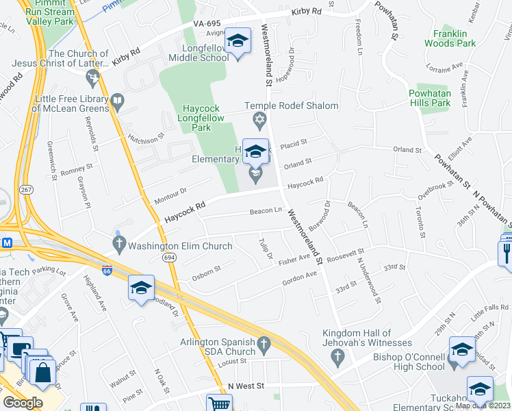 map of restaurants, bars, coffee shops, grocery stores, and more near 6624 Beacon Lane in Falls Church