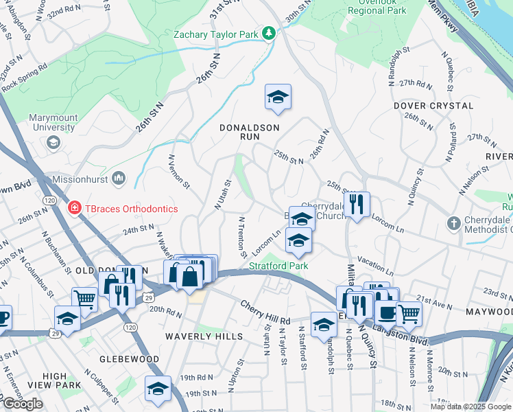 map of restaurants, bars, coffee shops, grocery stores, and more near 2370 North Taylor Street in Arlington