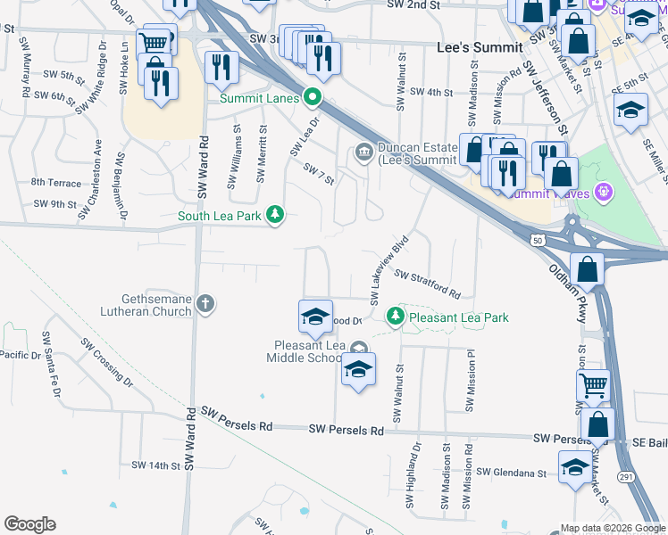 map of restaurants, bars, coffee shops, grocery stores, and more near 1015 Southwest Lorman Drive in Lee's Summit