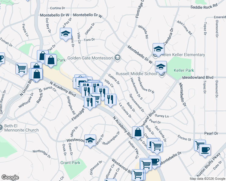 map of restaurants, bars, coffee shops, grocery stores, and more near 4764 Villa Circle in Colorado Springs