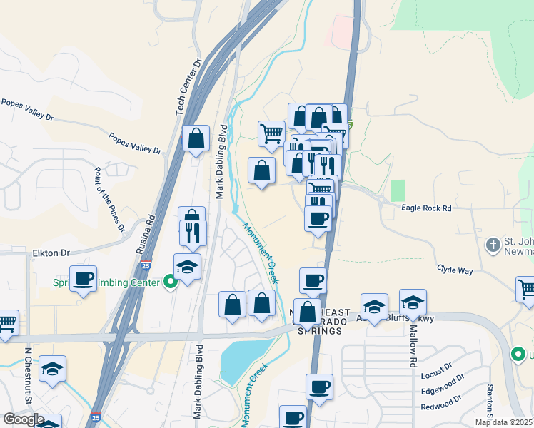 map of restaurants, bars, coffee shops, grocery stores, and more near 4910 North Nevada Avenue in Colorado Springs