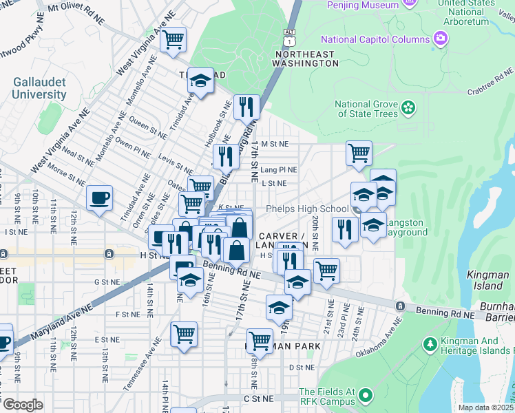map of restaurants, bars, coffee shops, grocery stores, and more near 101 Independence Avenue Southeast in Washington