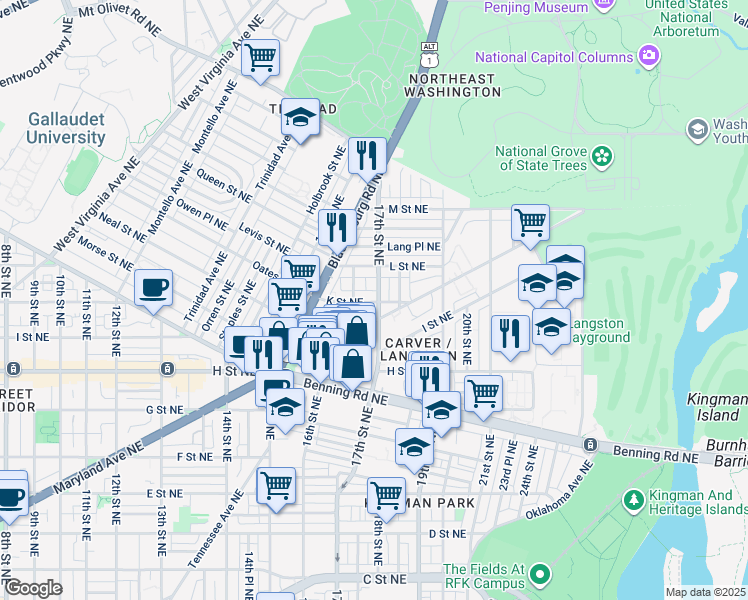 map of restaurants, bars, coffee shops, grocery stores, and more near 101 Independence Avenue Southeast in Washington