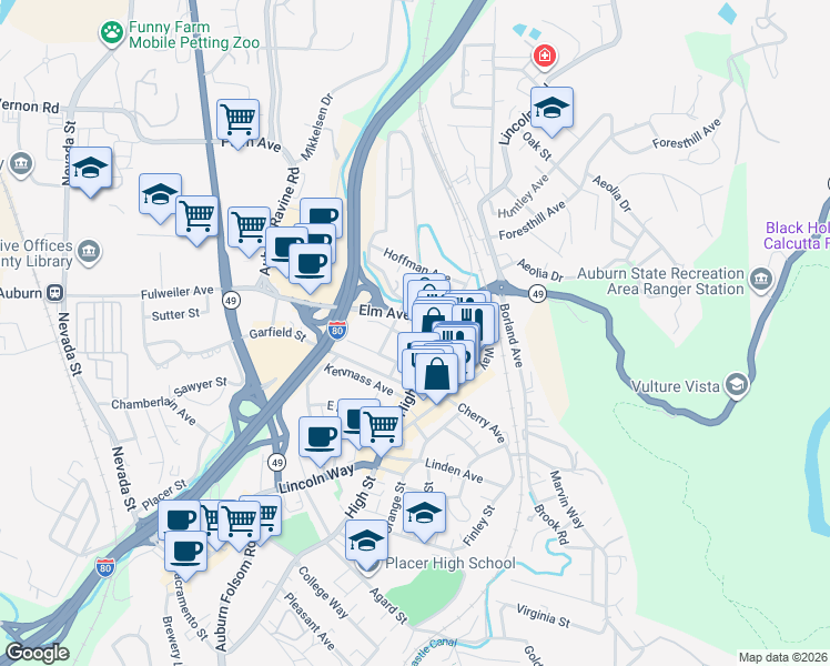 map of restaurants, bars, coffee shops, grocery stores, and more near 173 Center Street in Auburn