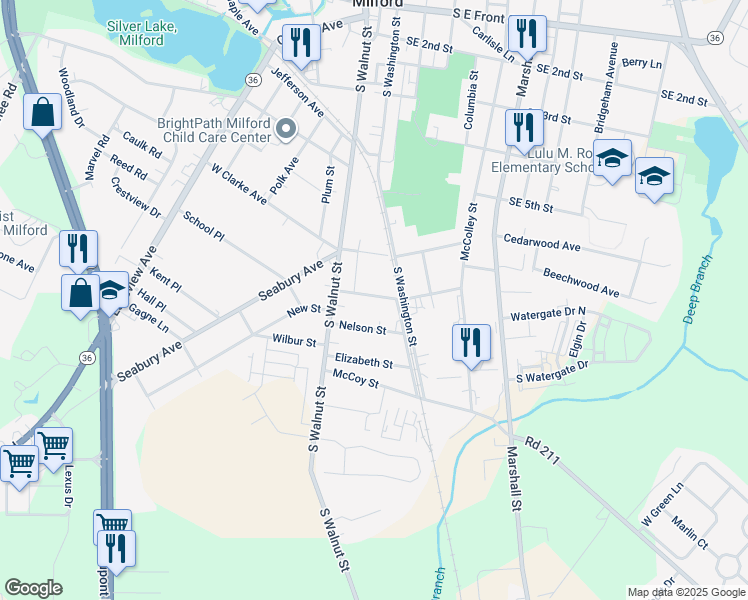 map of restaurants, bars, coffee shops, grocery stores, and more near 12 Delaware Avenue in Milford