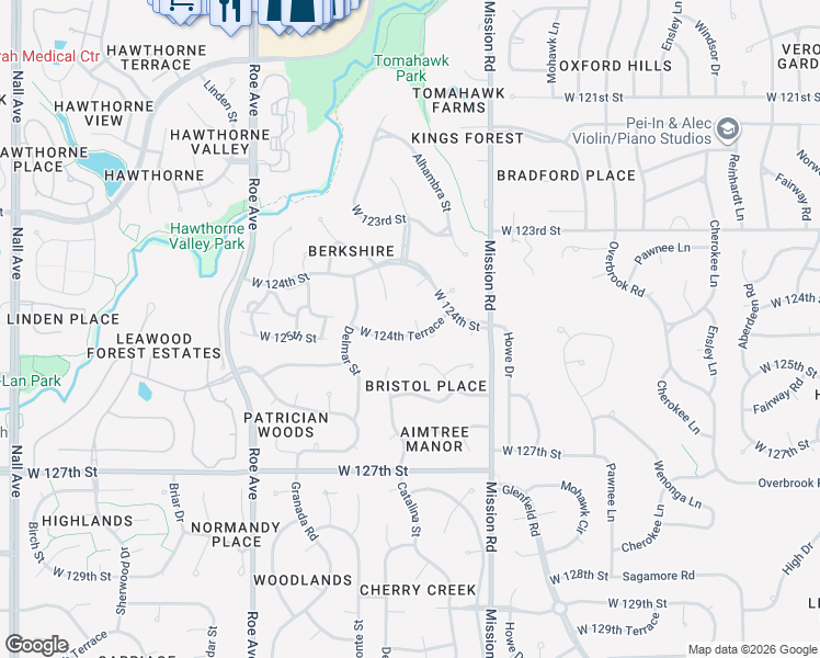 map of restaurants, bars, coffee shops, grocery stores, and more near 4060 West 124th Terrace in Leawood