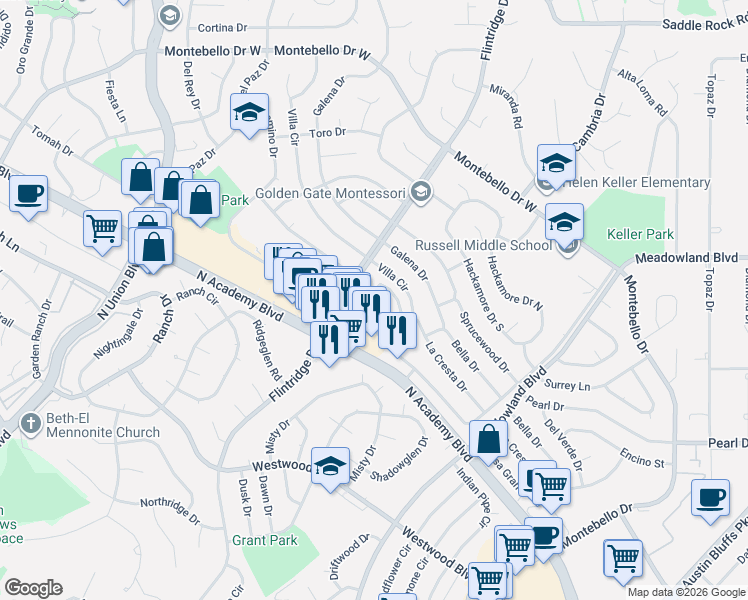map of restaurants, bars, coffee shops, grocery stores, and more near 4882 Sonata Drive in Colorado Springs