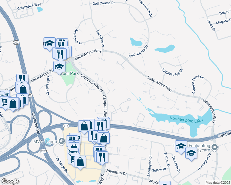 map of restaurants, bars, coffee shops, grocery stores, and more near 10749 Kitchener Court in Bowie