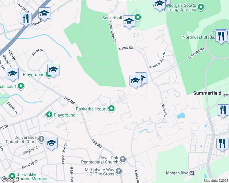 map of restaurants, bars, coffee shops, grocery stores, and more near 7405 Hill Stone Drive in Hyattsville