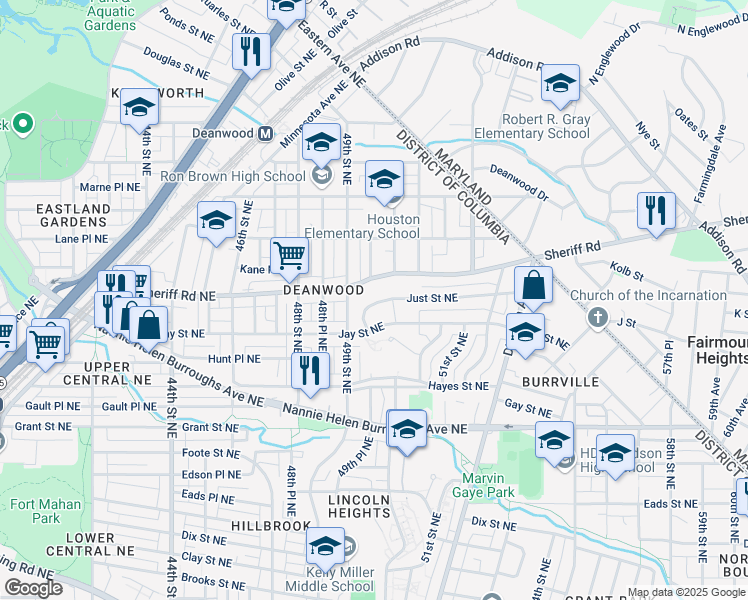 map of restaurants, bars, coffee shops, grocery stores, and more near 4970 Just Street Northeast in Washington