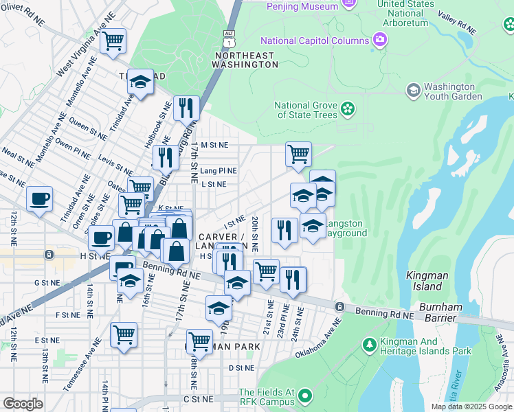 map of restaurants, bars, coffee shops, grocery stores, and more near 1934 I Street Northeast in Washington