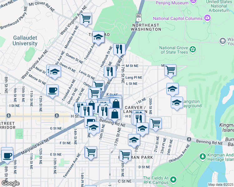 map of restaurants, bars, coffee shops, grocery stores, and more near 101 Independence Avenue Southeast in Washington