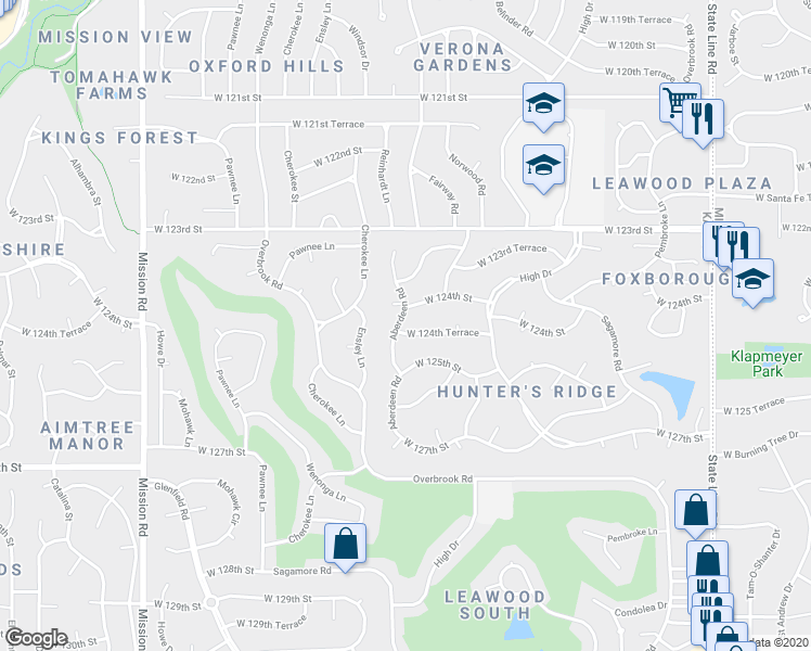 map of restaurants, bars, coffee shops, grocery stores, and more near 2916 West 124th Terrace in Leawood