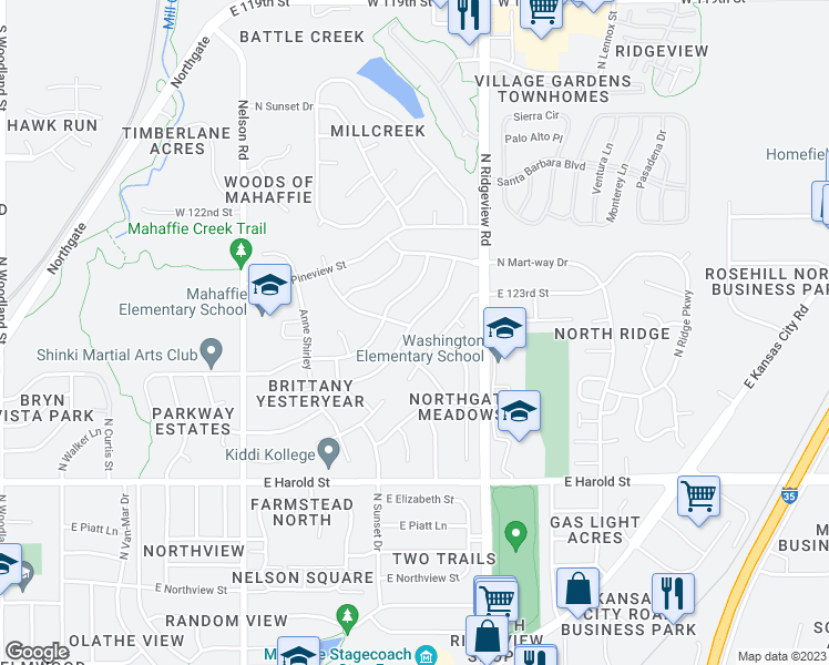 map of restaurants, bars, coffee shops, grocery stores, and more near 1424 North Lucy Montgomery Way in Olathe