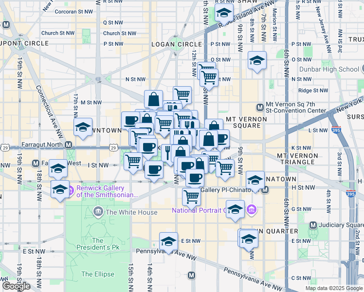 map of restaurants, bars, coffee shops, grocery stores, and more near 1300 K Street Northwest in Washington